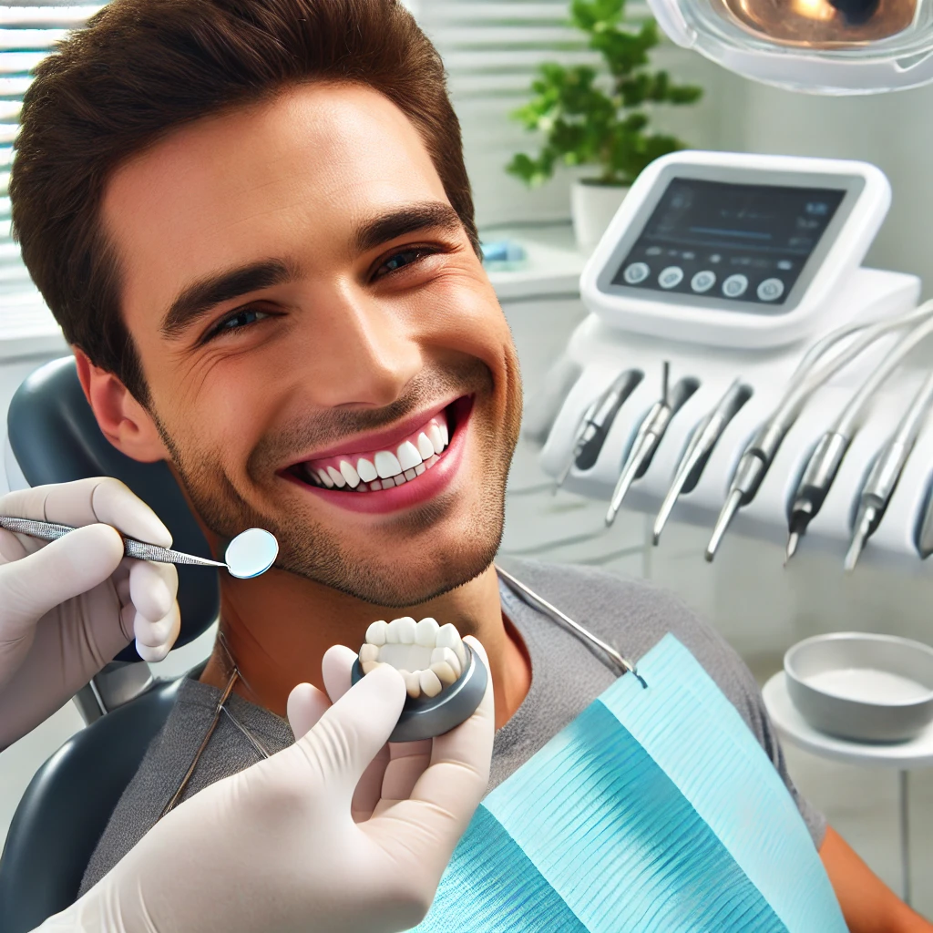 A dentist carefully placing a porcelain veneer onto a patient's tooth in a bright, modern dental clinic. The patient is smiling, and advanced dental equipment is visible in the background.