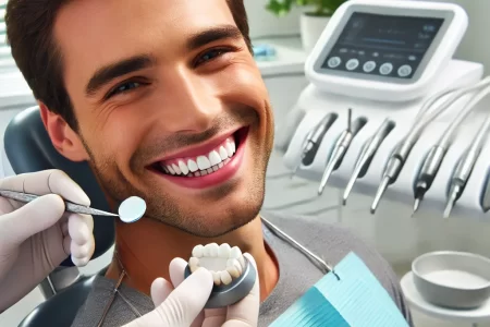 A dentist carefully placing a porcelain veneer onto a patient's tooth in a bright, modern dental clinic. The patient is smiling, and advanced dental equipment is visible in the background.