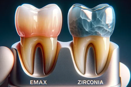 Comparison between Emax and Zirconia dental crowns showcasing their aesthetic and functional differences